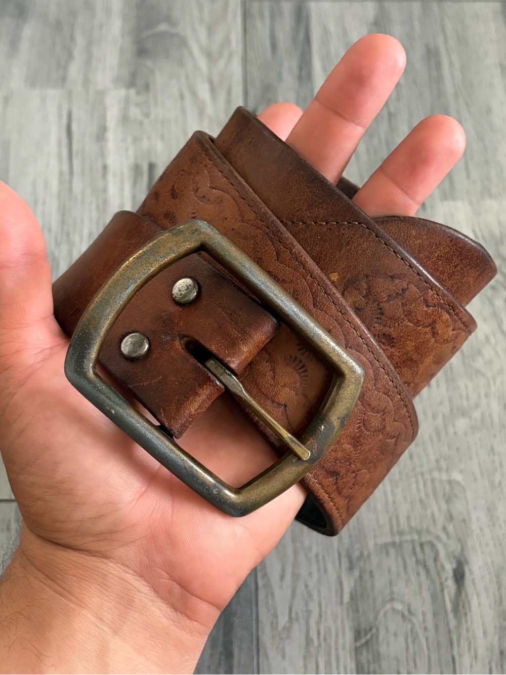True Vintage 1950 Brown Leather Belt Brass Buckle Hidden Talon Zipper Sz 30-32